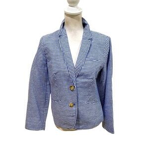 Talbots gingham check blue/white lined linen/cotton blazer jacket sz 10 petite